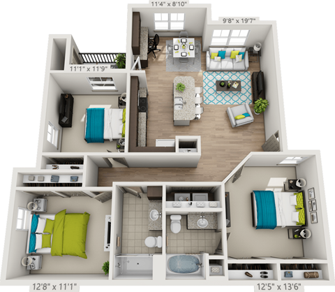 Floor plan for 3 beds, 2 baths, 1264 sqft